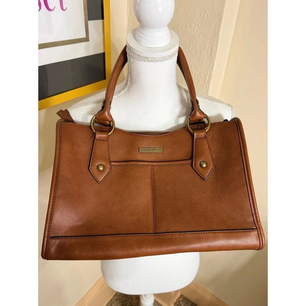 Frye and Co Womens Cognac Brown Faux Leather Satchel Handbag Tote Brass Hardware
